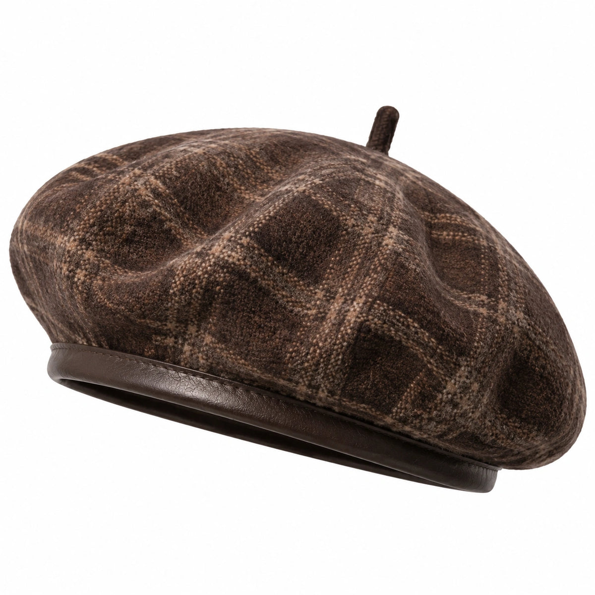 Béret taille unique en tissu marron à carreaux style rétro