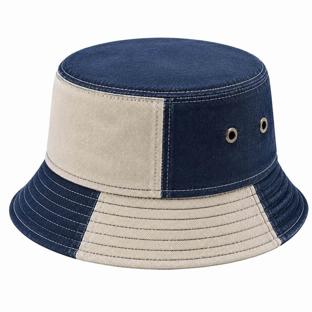 Chapeau bob taille unique en denim bleu et beige style patchwork