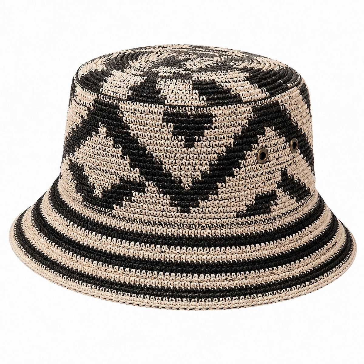 Chapeau bob taille unique en fibres tressées noir et beige - bord souple ajouré