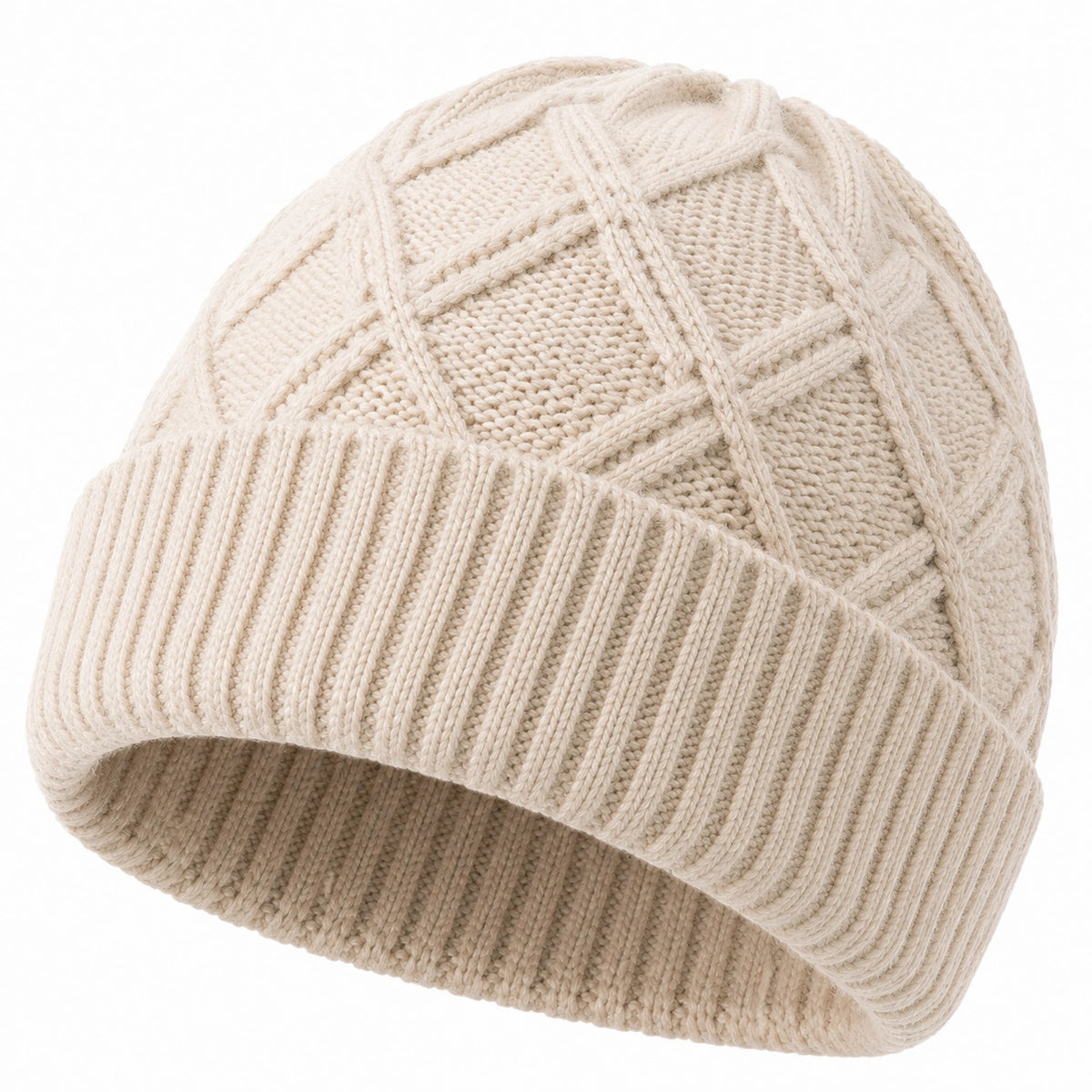 Bonnet en maille taille unique beige à revers - motif torsadé chaud
