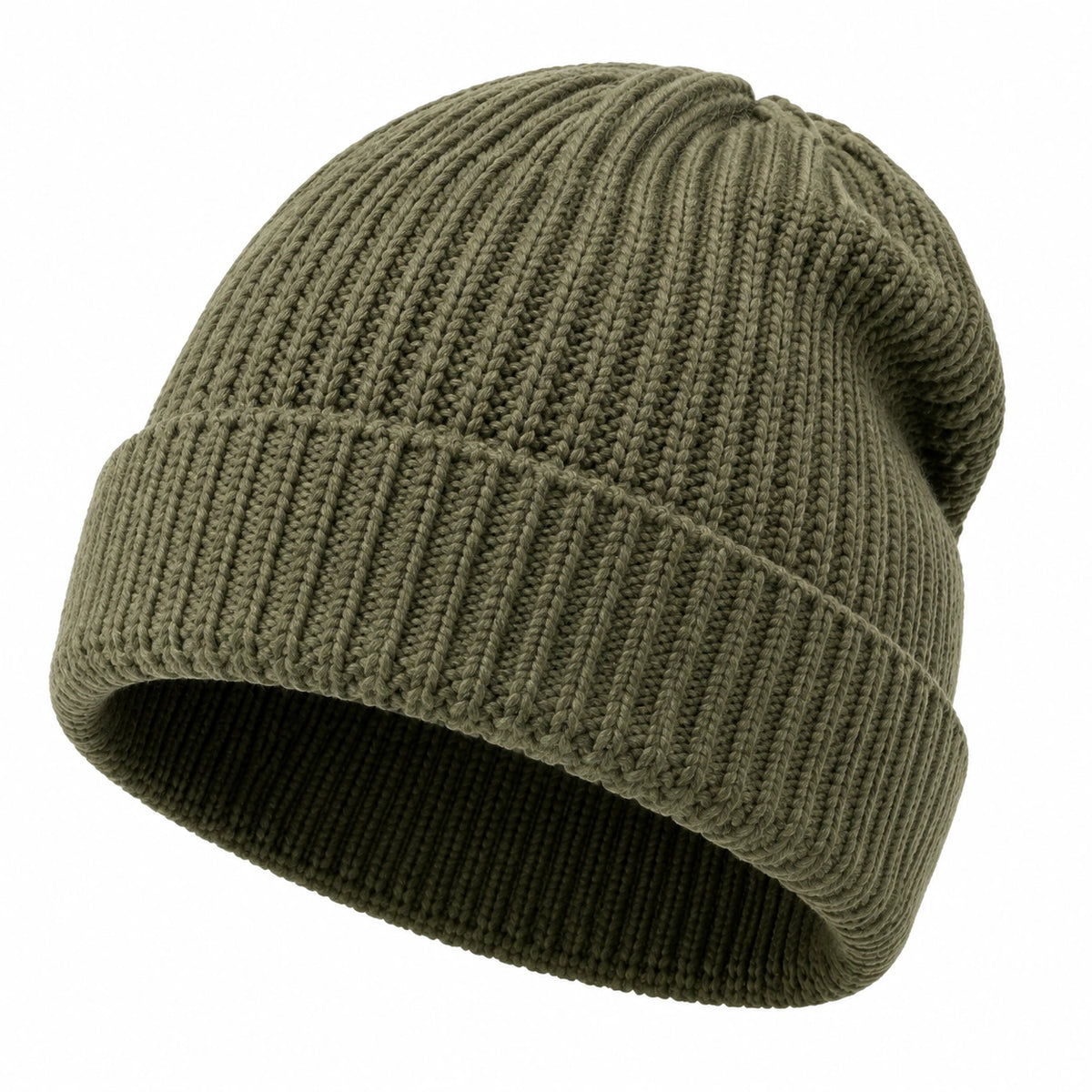 Bonnet taille unique en maille côtelée vert kaki à revers pour adulte