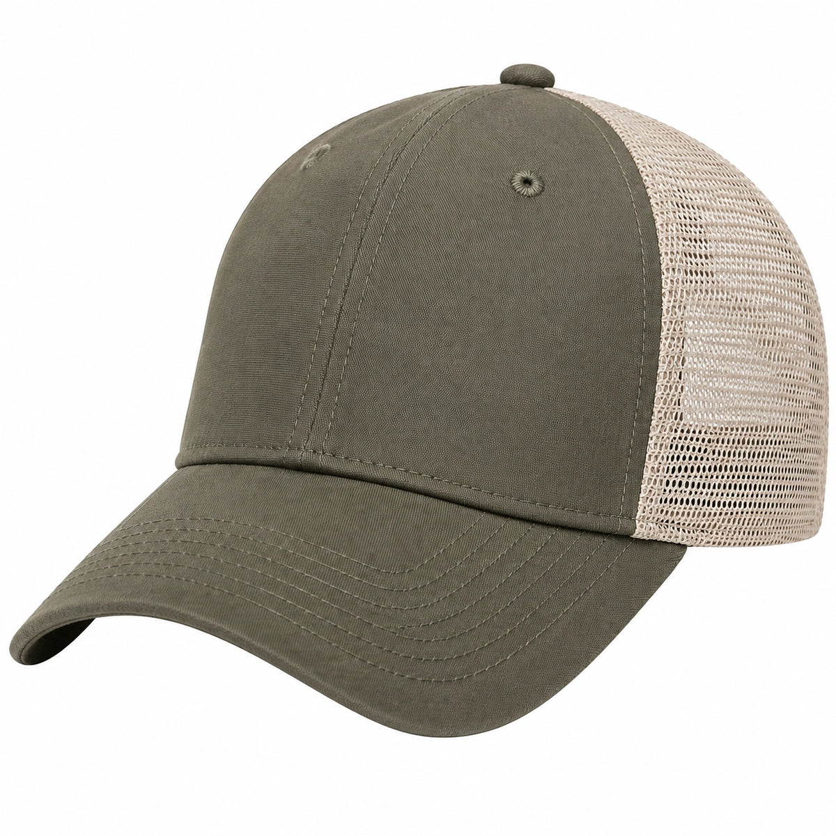 Casquette trucker taille unique en tissu kaki et maille beige - visière incurvée