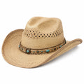 Chapeau cowboy taille unique en paille tressée beige avec bande décorative turquoise